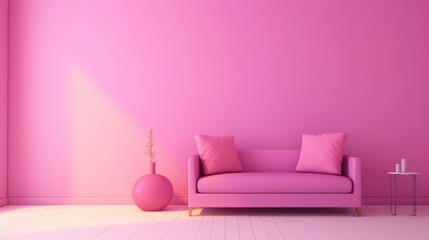 Stylish minimalist monochrome interior of modern cozy living room in pastel pink and purple tones. Trendy couch, coffee table, decorative vase with flowers. Creative home design. Mockup, 3D rendering.