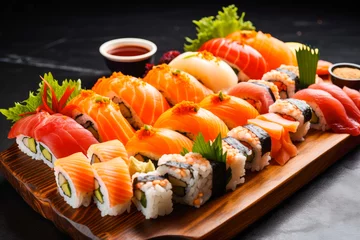 Papier Peint photo Lavable Bar à sushi Colorful sushi platter, showcasing an assortment of rolls, nigiri and sashimi, a symbol ofJapanese culinary artistry on a dark background