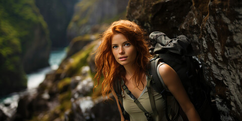 female hiker with red hair and a large backpack
