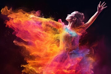 Beautiful ballerina dancing in colorful smoke on black background.. Generated AI