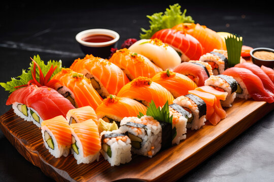 Colorful sushi platter, showcasing an assortment of rolls, nigiri and sashimi, a symbol ofJapanese culinary artistry on a dark background