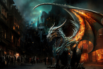 Fairy dragon in the ancient city, people walking on the street