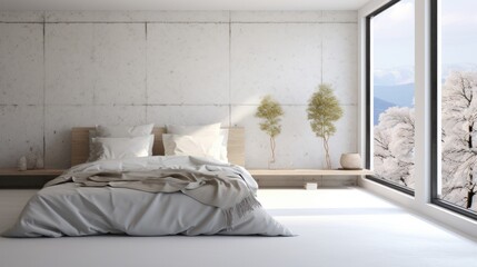 Interior of white minimalist scandi bedroom in luxury cottage or hotel. Large comfortable bed, side tables, houseplants, panoramic window with winter landscape view. Ecodesign. Mockup, 3D rendering.