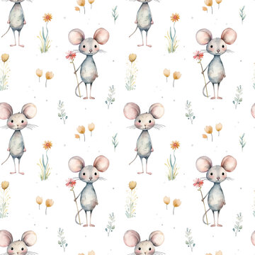 Watercolor seamless pattern with cute mouse and flowers isolated on white.