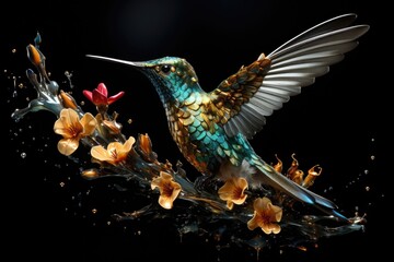 Surreal photo of hummingbird and flowers on black background
