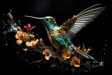 Foto op Canvas Surreal photo of hummingbird and flowers on black background © Innese
