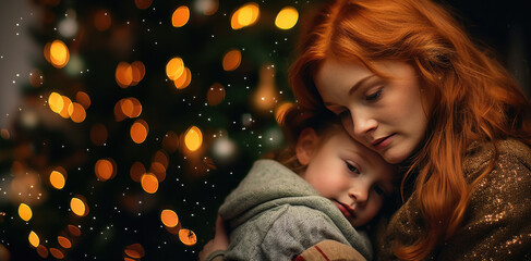 Redhead woman bonding with her cute little daughter during Christmas time