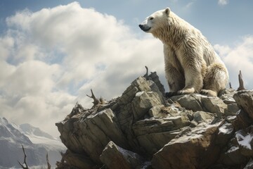 Polar bear sitting high on a rock, clouds on the background