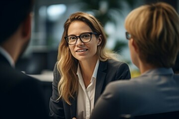 Fototapeta premium A cheerful businesswoman engaged in a discussion with her colleagues. 