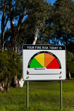 New fire danger rating sign with arrow yet to be assigned in bright sunlight at roadside