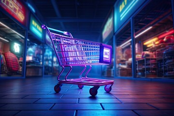Cyber shopping. Glowing neon cart in digital marketplace. E commerce extravaganza for online shoppers. Electric retail - obrazy, fototapety, plakaty