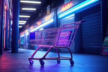 Cyber shopping. Glowing neon cart in digital marketplace. E commerce extravaganza for online shoppers. Electric retail