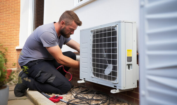 An air source heat pump heating unit installed on the outside of a house by an engineer