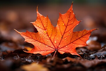 A sharp focused maple leaf in autumn colors lying on the forest floor