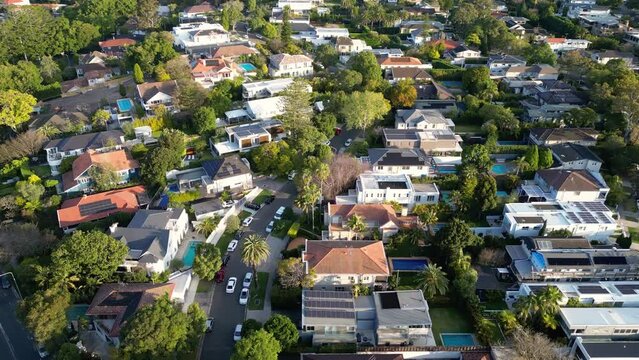 Sydney, Australia: Aerial drone footage of an upscale residential district with luxury houses of Bellevue Hill close to Rose Bay in Sydney. 