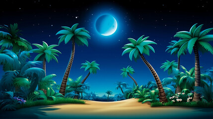 Fototapeta na wymiar Tropical Night Oasis: Moonlit Palm Paradise