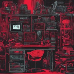 red cyberpunk interior of a room