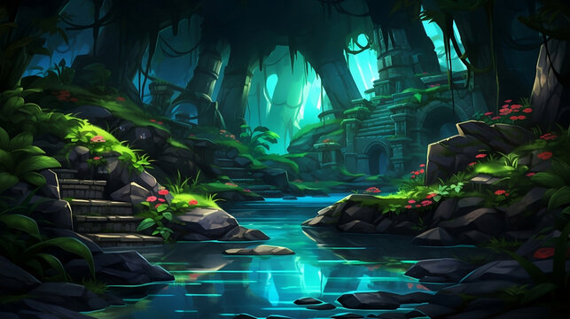 Fantasy Jungle Illustration - Luminous Flora and Grand Ruins