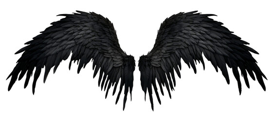 Black Symmetrical Angel Wings. Devil or demon wings. Front view. Isolated on Transparent background.

