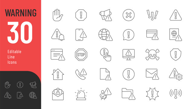 Warning Line Editable Icons set. Vector illustration in modern thin line style of risk related icons: hazard, notification, danger alert, attention sign, exclamation mark and more. Isolated on white