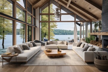 modern natural contemporary interior design concept living room with wooden and natural texture decoration beautiful house with nature view background