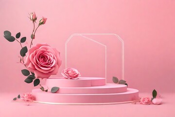 Pink floral background podium with a geometric design for goods display; simple idea.