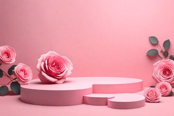 Simple concept, pink flower background, platform with geometric design for goods display.