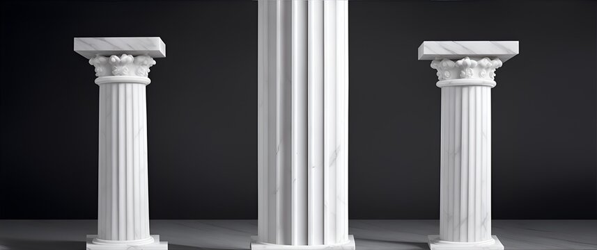Bunch of white marble doric column on plain black background from Generative AI
