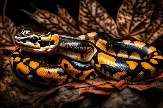 Morph of a baby ball python on a dry leaf.