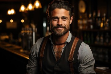 Fototapeta na wymiar Caucasian Male Bartender Backdrop Good Looking Generative AI