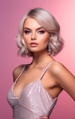 Naklejka premium Fashion photo of a smiling young woman in pink on pink background