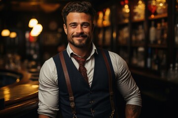 Caucasian Man Bartender Background Smart Looking Generative AI