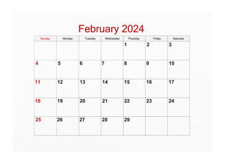 The February 2024 Calendar page for 2024 year isolated on white background, Save clipping path.