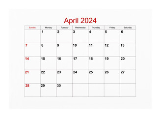 The April 2024 Calendar page for 2024 year isolated on white background, Save clipping path.