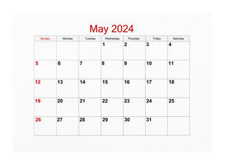The May 2024 Calendar page for 2024 year isolated on white background, Save clipping path.