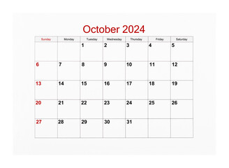The October 2024 Calendar page for 2024 year isolated on white background, Save clipping path.