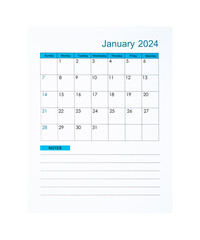 The Vertical of January 2024 Calendar page for 2024 year isolated on white background, Saved clipping path.
