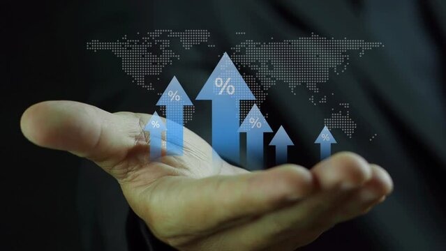 Human hand with Increasing percentage icon. Profit high growth arrow and percent icon, profit increase arrow up symbol, stocks, financial, ranking, mortgage rates, Interest rate and dividend concept.