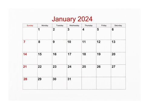 The January 2024 Calendar page for 2024 year isolated on white background, Save clipping path.