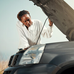 Confused, broken car and black woman in the road with stress for engine problem or emergency. Transportation, travel and upset young African female person by bonnet for motor accident in the street.