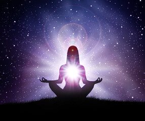 Silhouette of young woman practices yoga and meditates with night sunny sky, stars. - 646823340