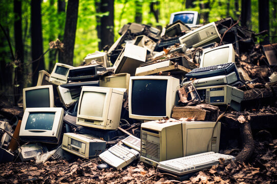a pile of old technology computers, screens, momitors and keyboards dumped in a woodland setting.