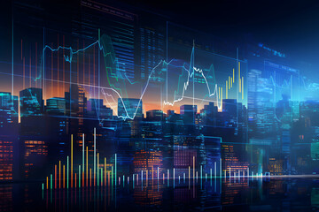 Finance and business illustration with dynamic abstract trading and data charts, city skyscraper background