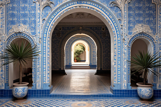 Shah Mosque Interior Details: Ornate Blue Arches and Tiled Walls