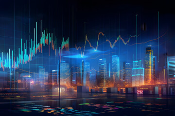 Finance and business illustration with dynamic abstract trading and data charts, city skyscraper background - obrazy, fototapety, plakaty