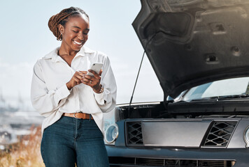 Car insurance, phone or happy woman in city with an engine crisis on road typing a message for help. Online, mobile app or African driver by a stuck motor vehicle with smile texting on social media - obrazy, fototapety, plakaty