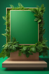 stand exhibition wooden podium on green background with leaves 