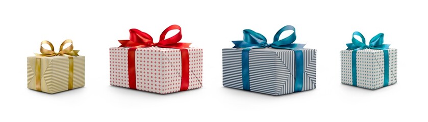 A collection of red, blue and gold gift wrapped Christmas, birthday or valentines presents with...