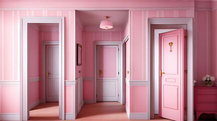 A hotel pink room. A pink hallway with three pink doors and pink wallpaper.