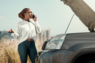 Stress, broken car and black woman on a phone call in the road with frustration for engine problem...